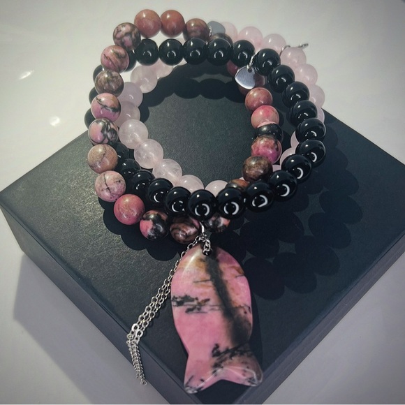 Handmade Jewelry - Faith Fish Natural Stone 3 Bracelet Set w Rhodochrosite Fish